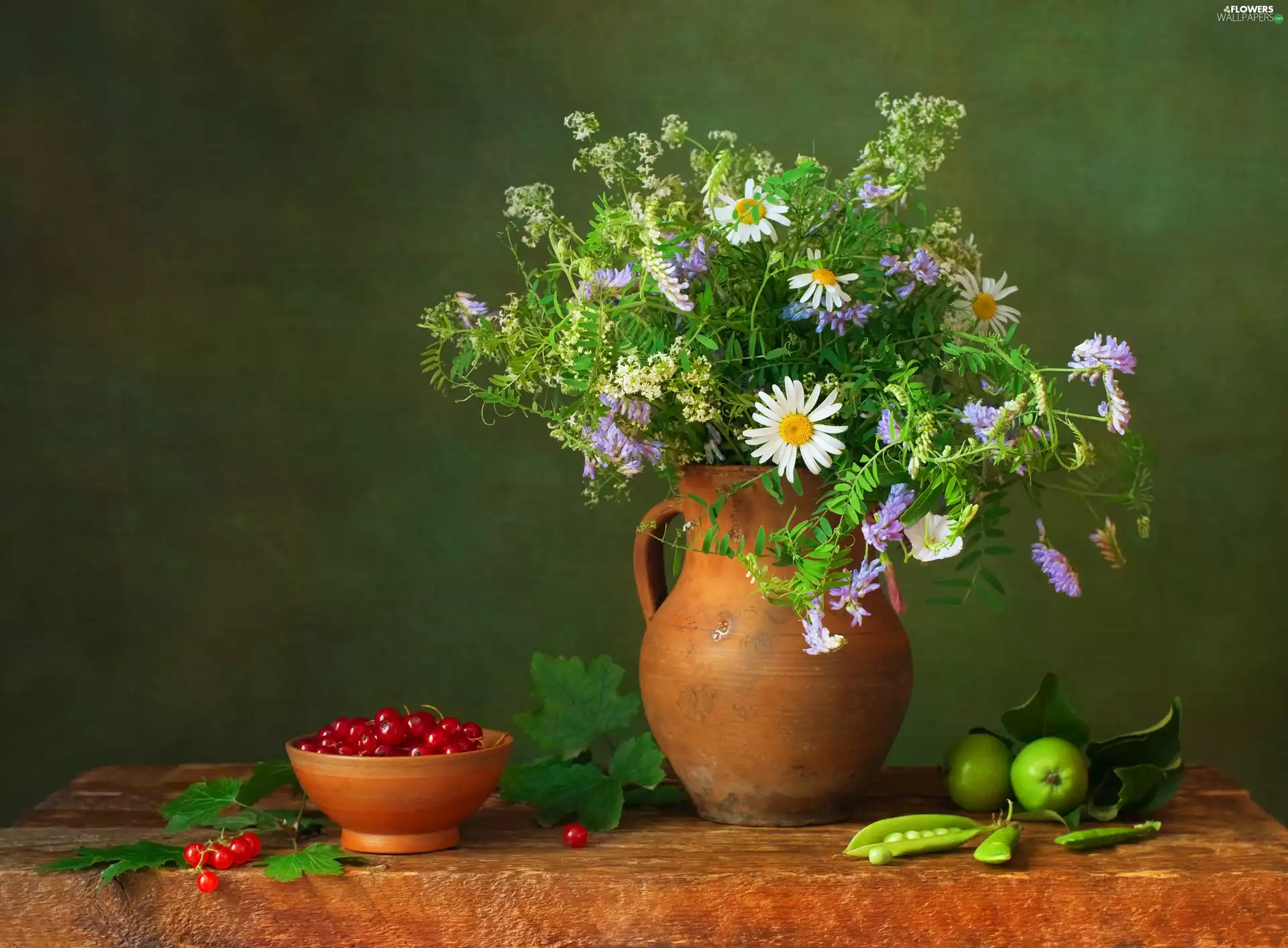 chamomile, Flowers, apples, Wildflowers, bouquet, currants, peas