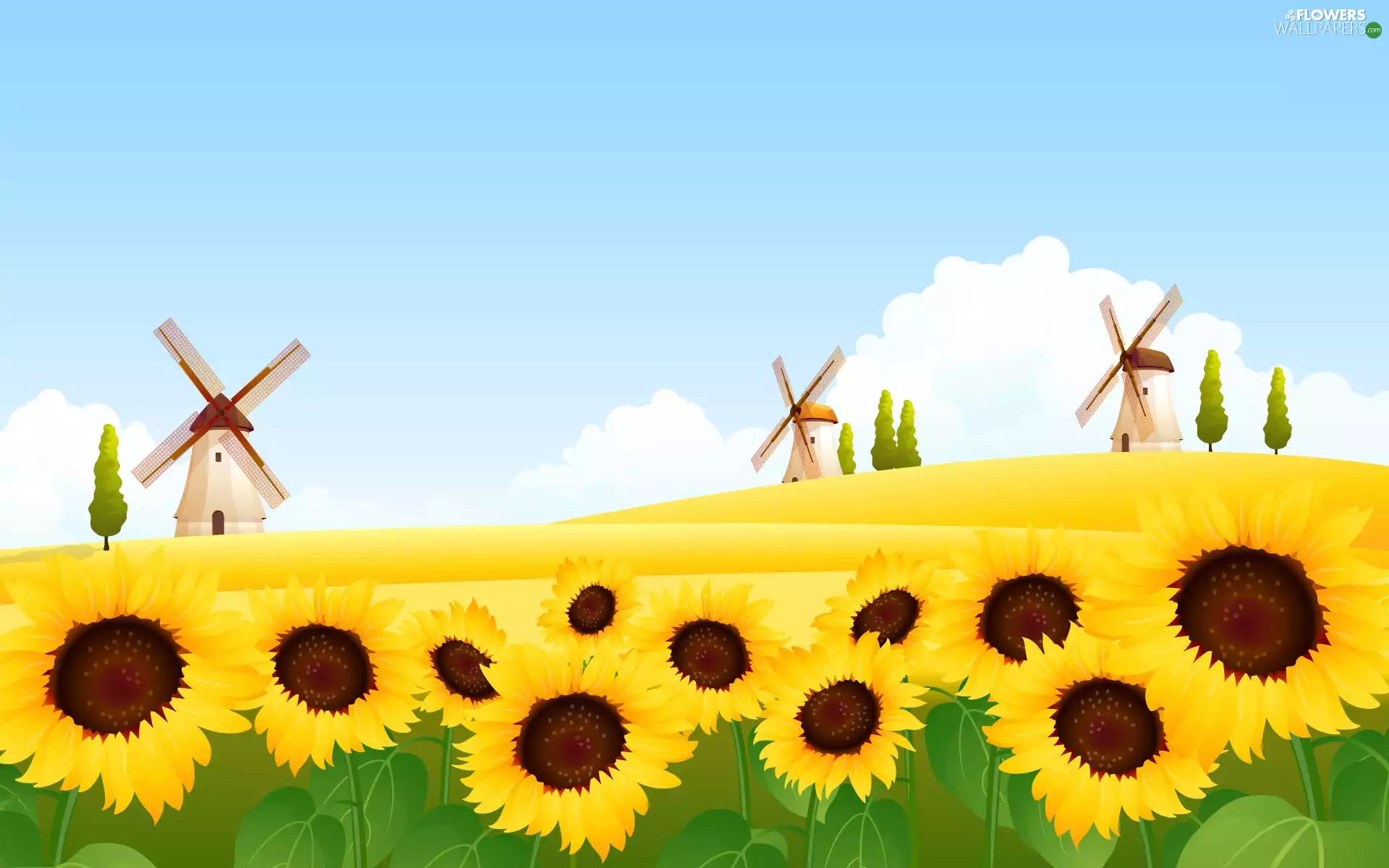landscape, Nice sunflowers, Windmills, Field