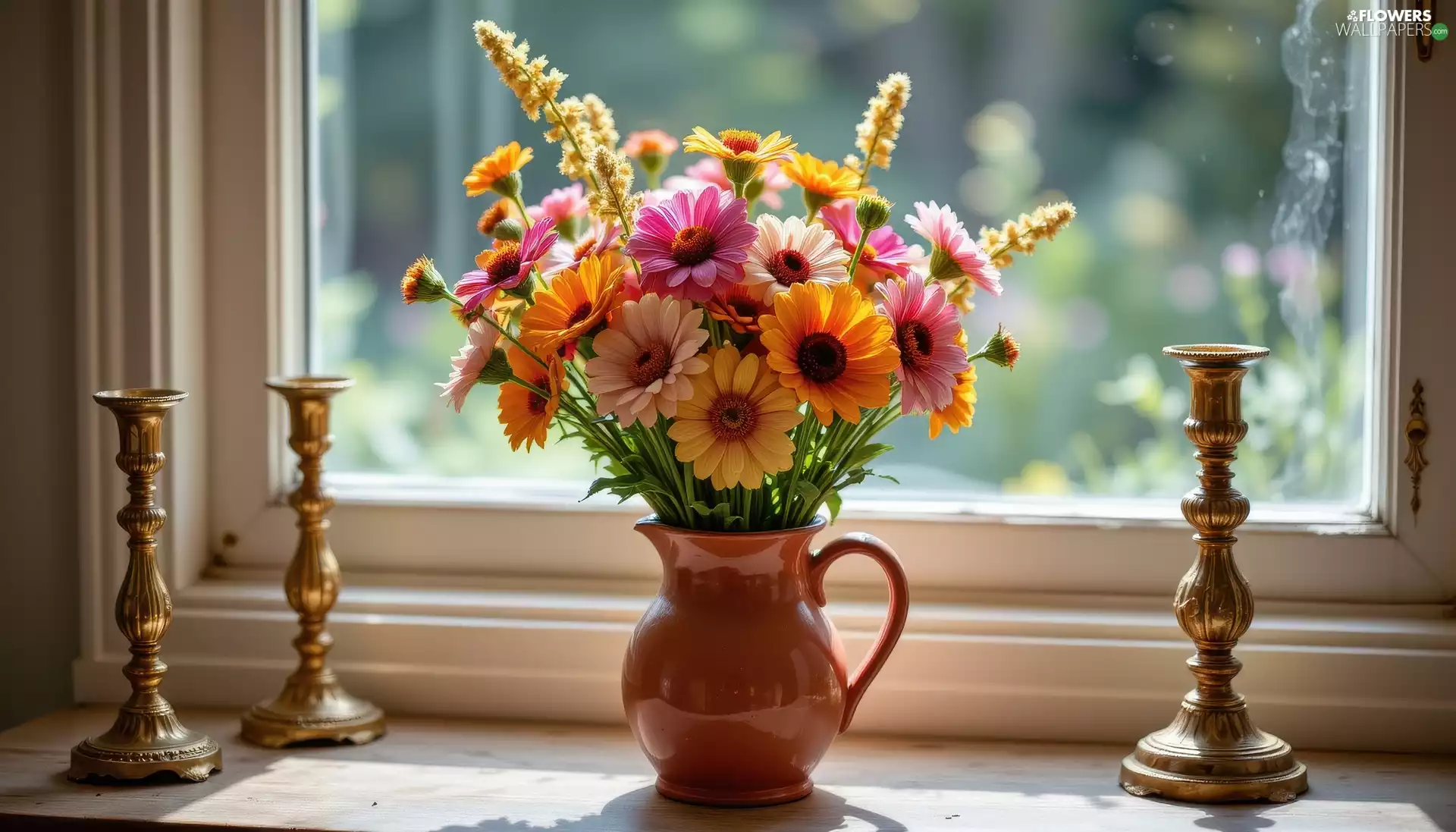 candlesticks, Window, bouquet, jug, Flowers