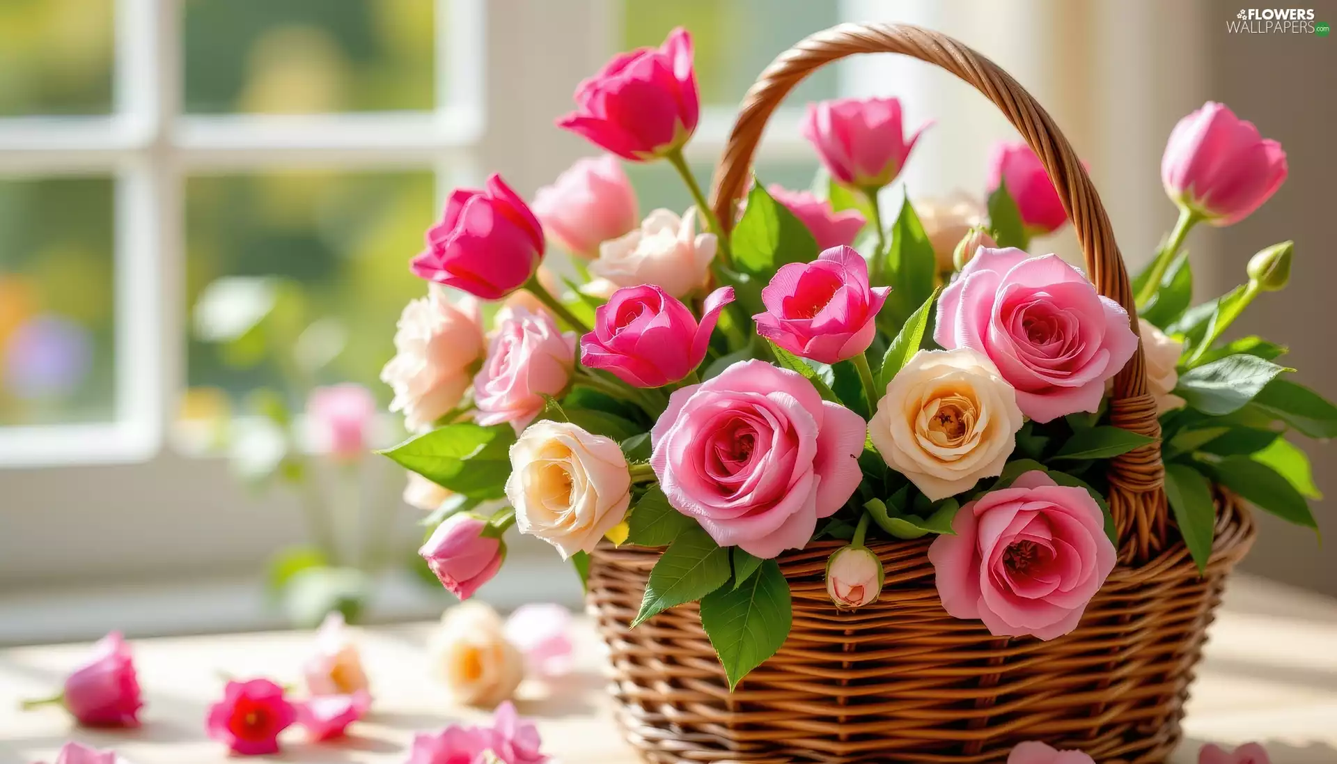 roses, Flowers, basket, Window, wicker, color