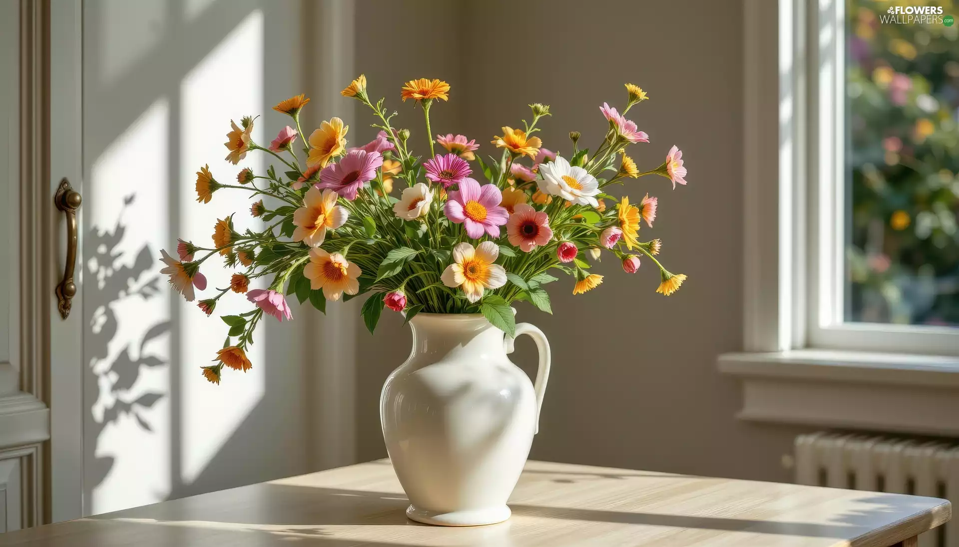 bouquet, Flowers, Table, Window, jug, color