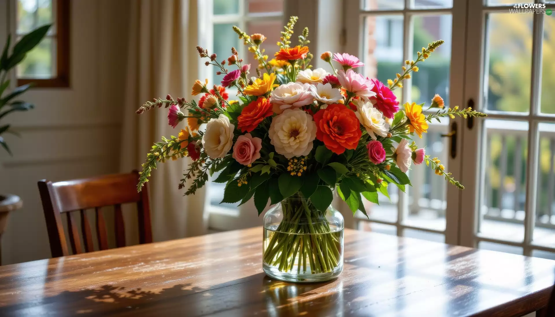 Flowers, bouquet, Table, Window, Vase, color