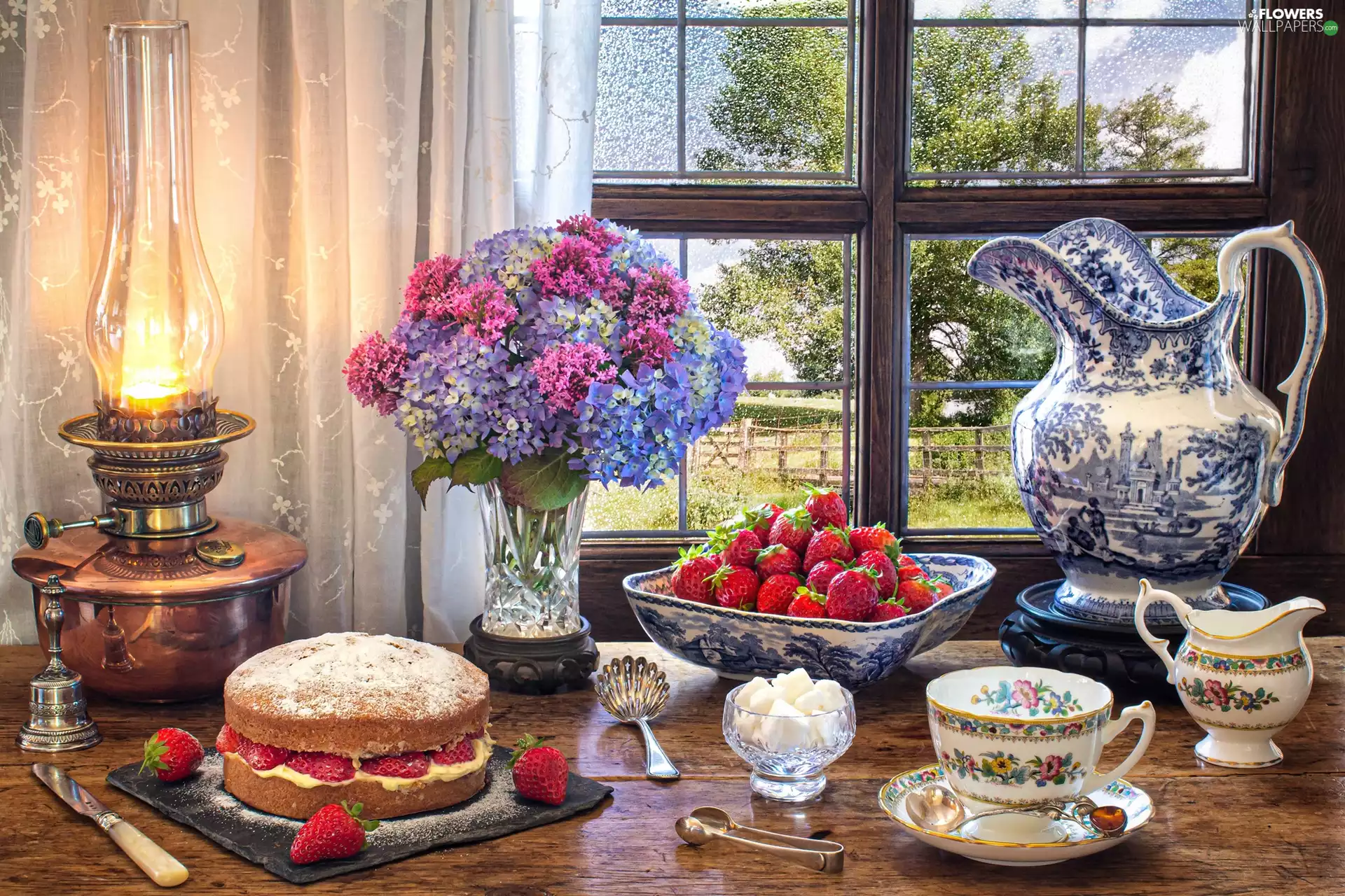 Bouquet of Flowers, jug, Flowers, hydrangeas, Window, composition, cake, strawberries, Lamp