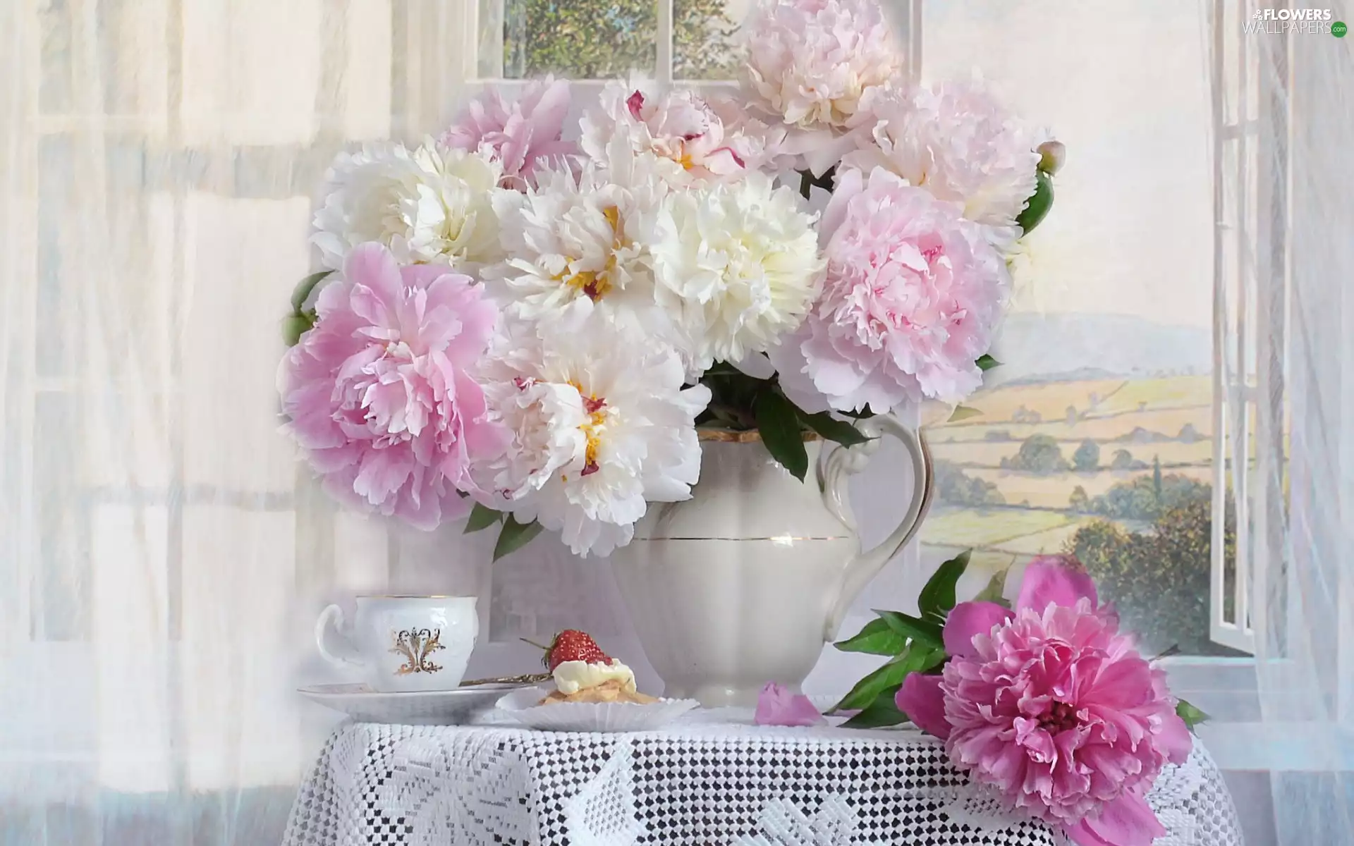 Pink, Peonies, cup, jug, cake, White, bouquet, Window