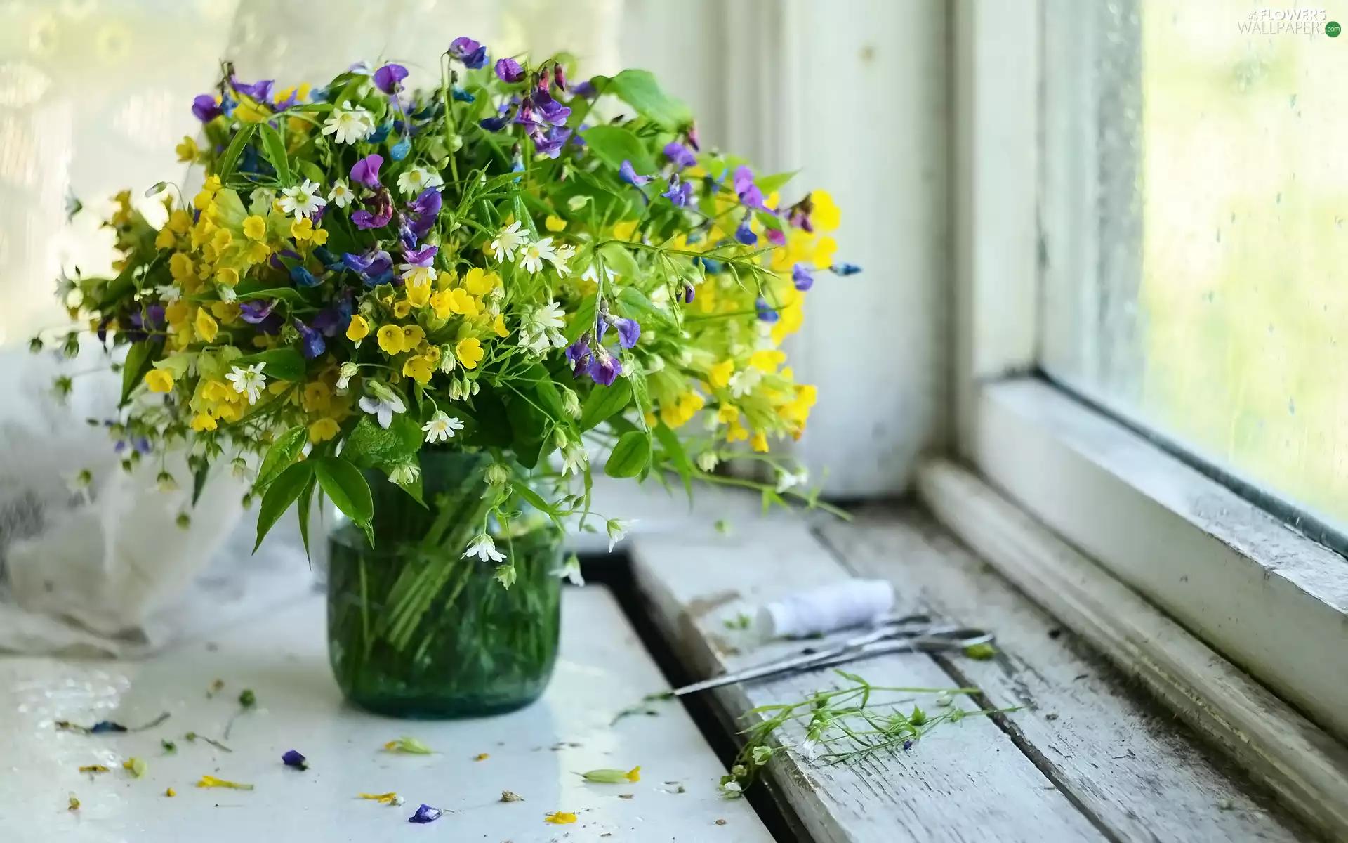 bouquet, Wildflowers, parapet, Window, Vase, Flowers