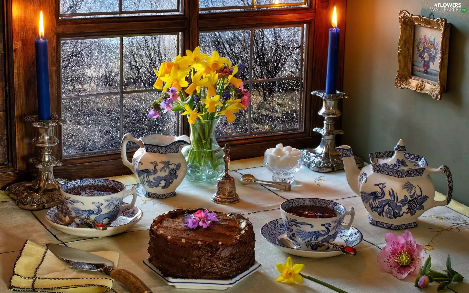 Window, composition, Candles, Flowers, Cake, picture, jug, cups, Jonquil