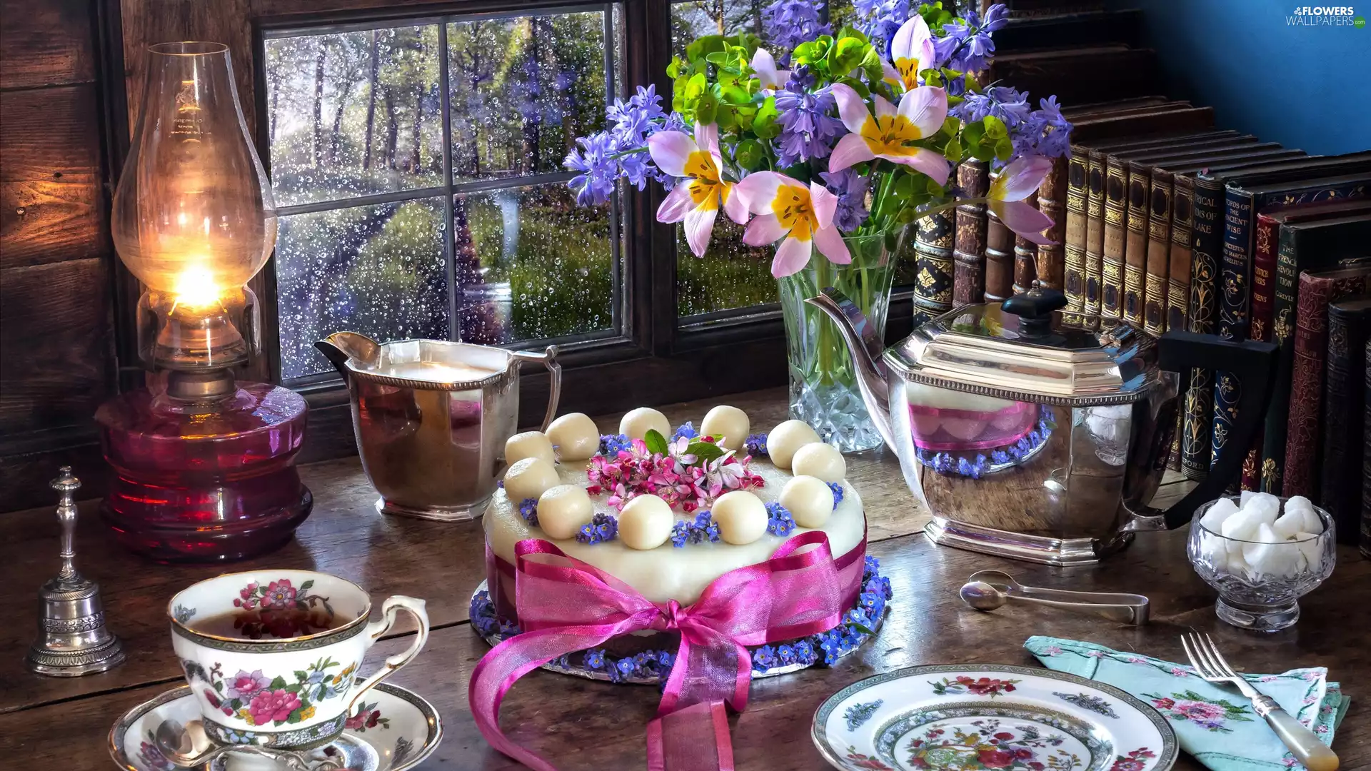 bouquet, Cake, cup, Window, Books, Lamp