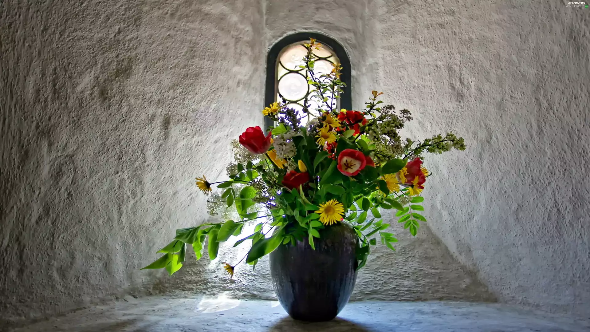 pitcher, flowers, Window, bouquet