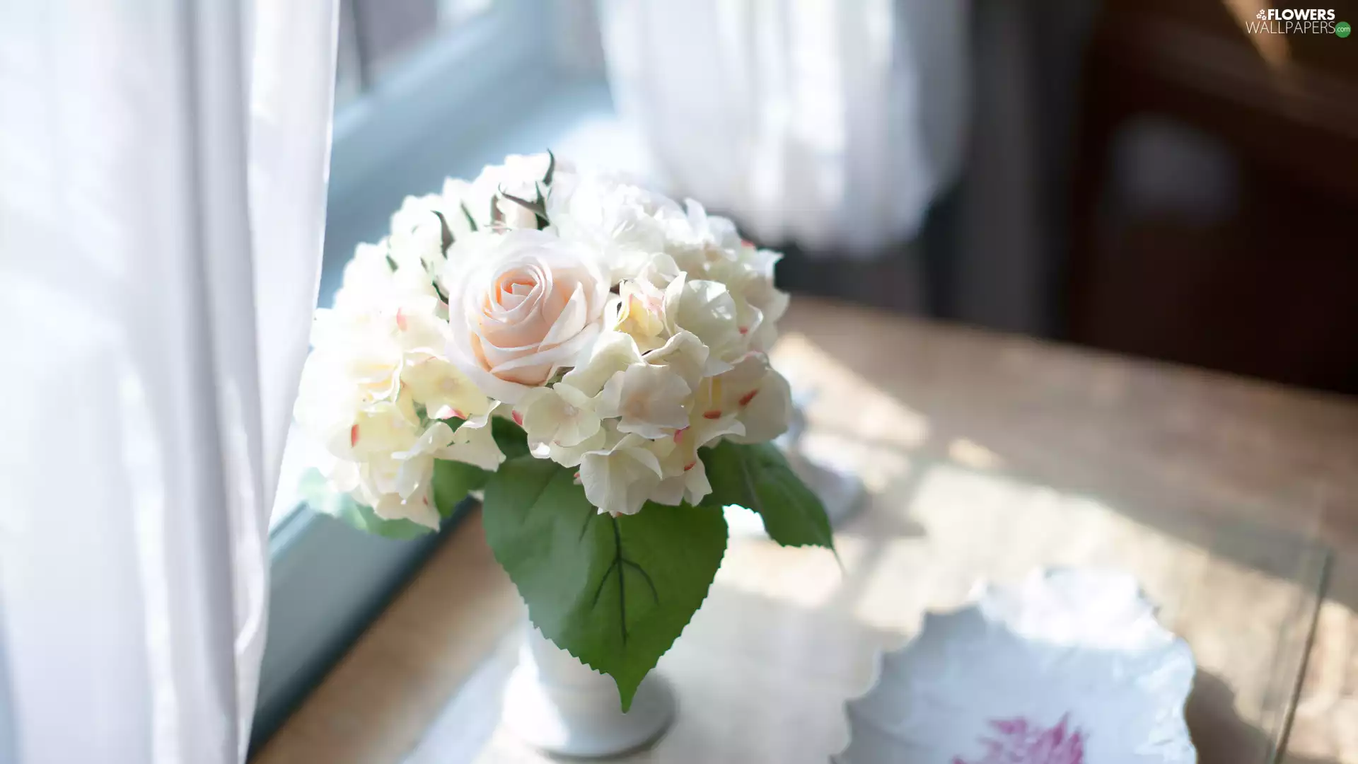 table, Window, rose, hydrangea, Vase