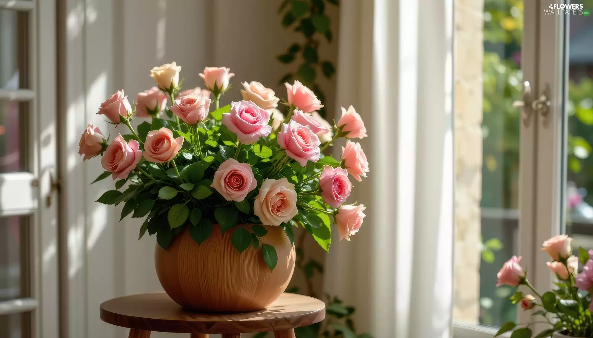 bouquet, Flowers, table, Window, Vase, roses