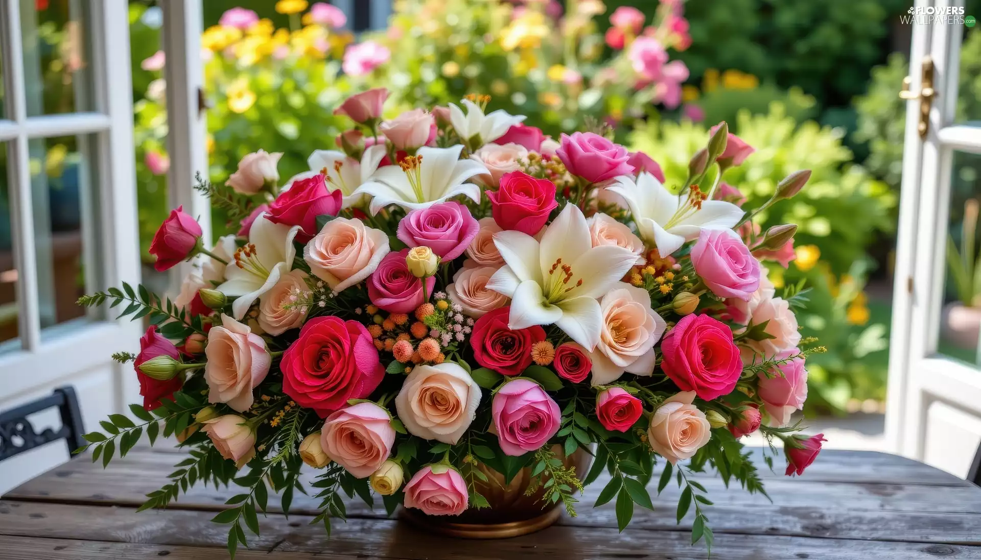 lilies, Flowers, Table, Window, bouquet, roses