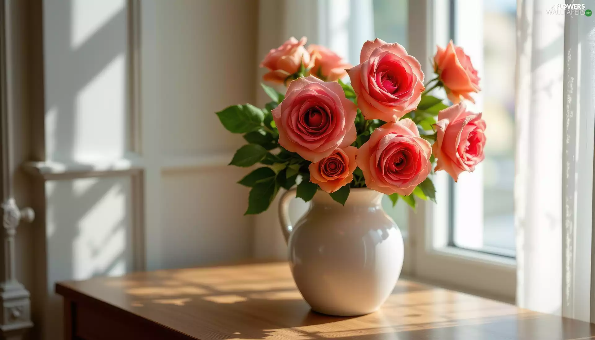 White, Flowers, Table, Window, jug, roses