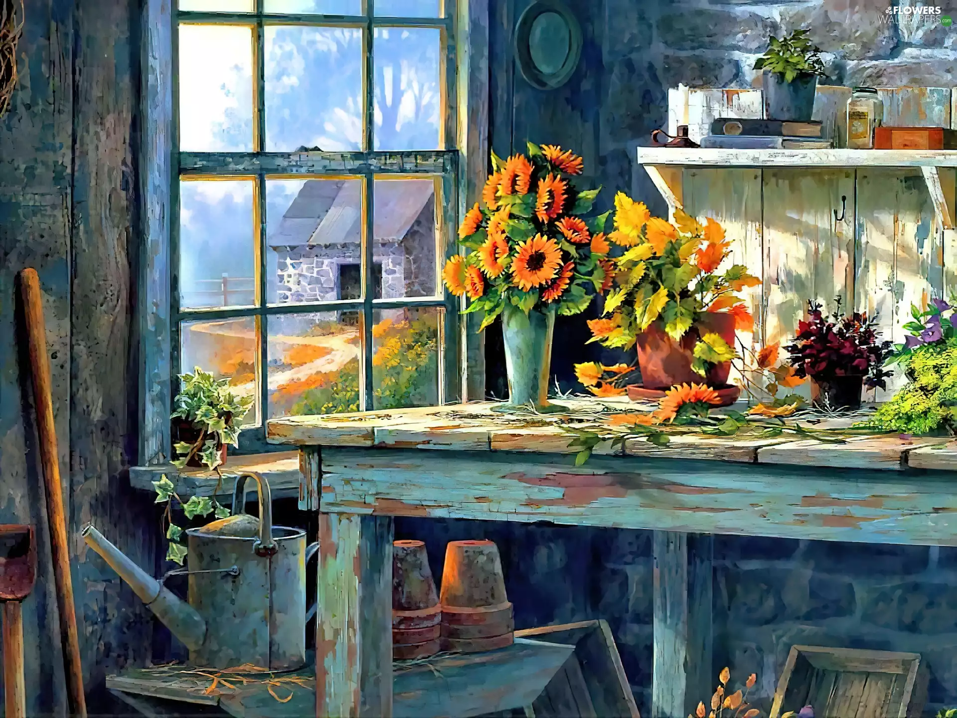Table, cote, Sunflower, Window, interior, Flowers, decorated