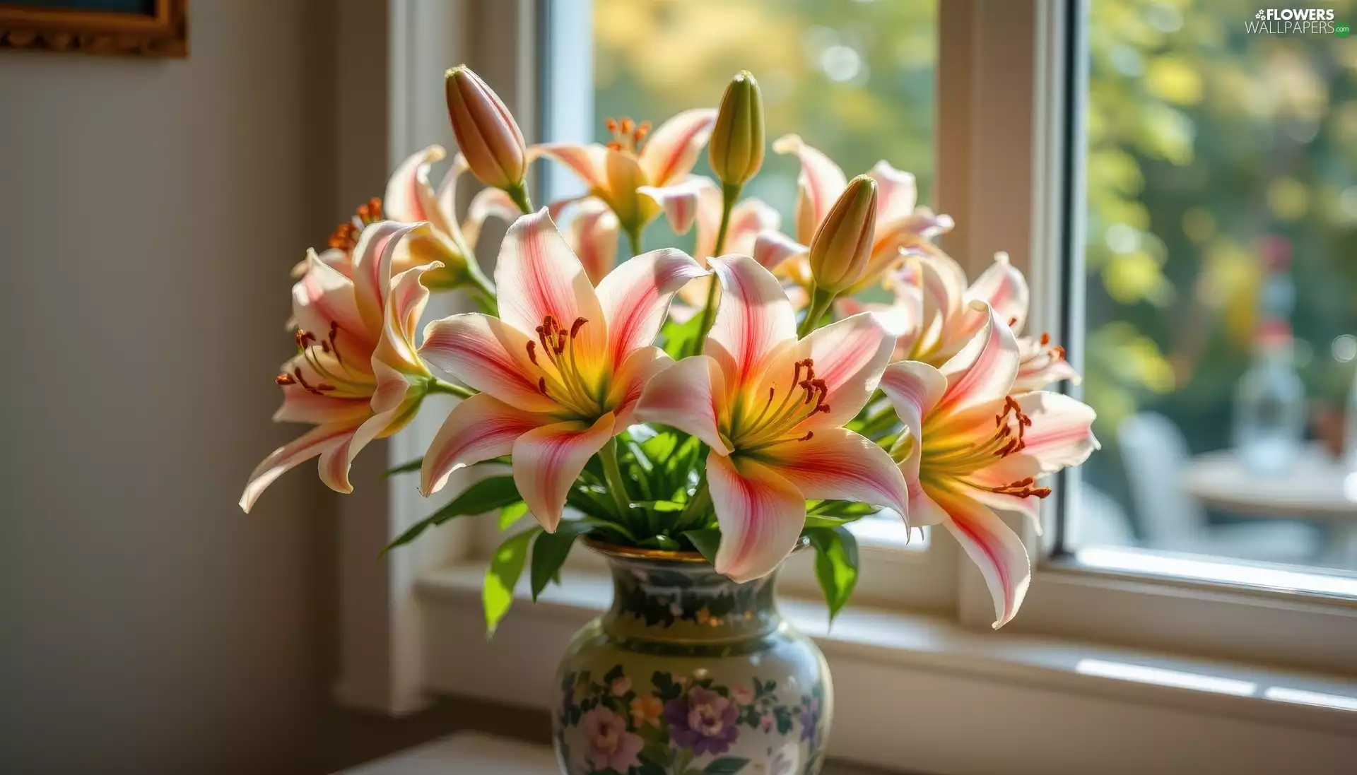 Window, lilies, Vase