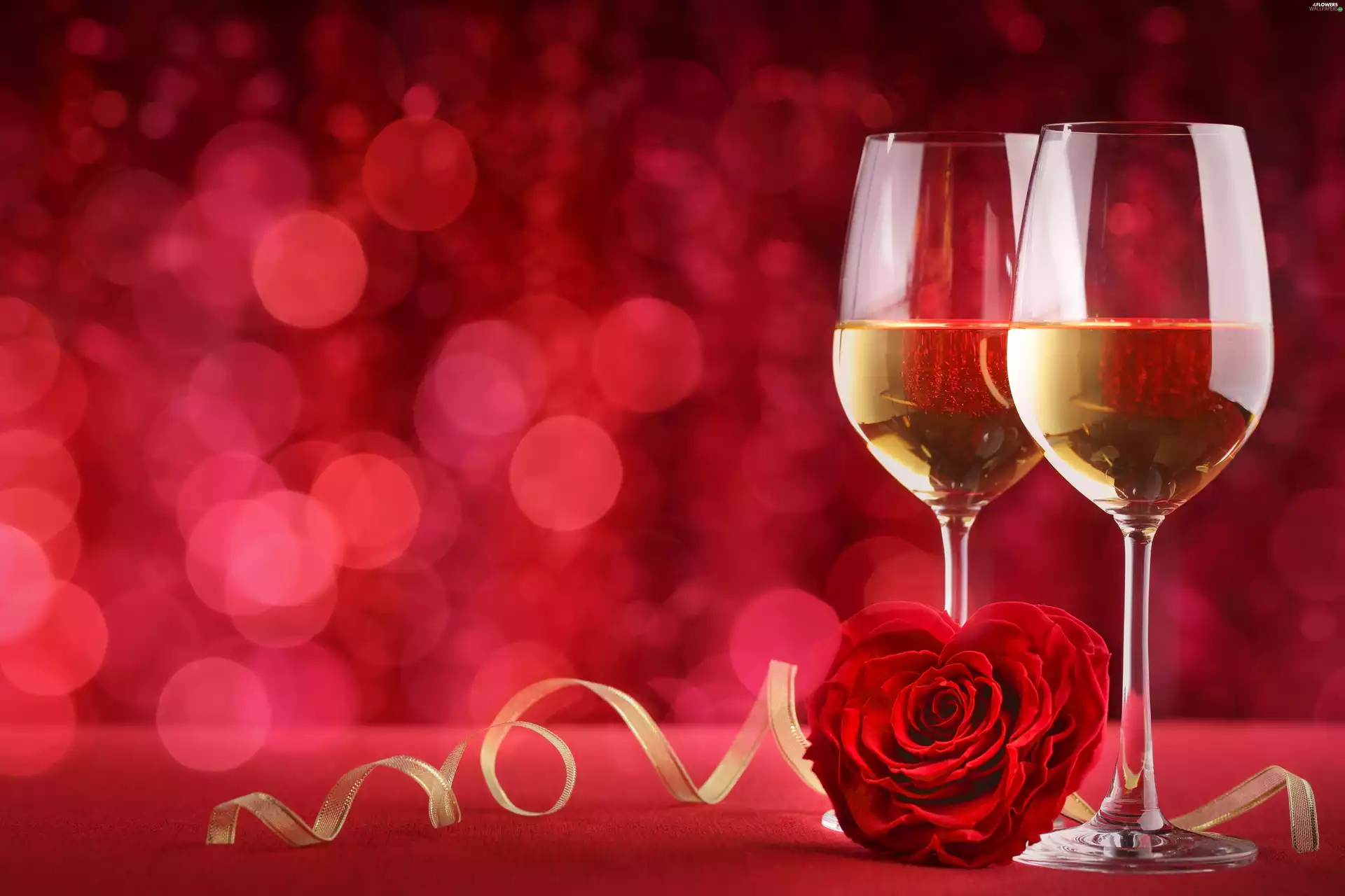 ribbon, blurry background, Wine, rose, glasses