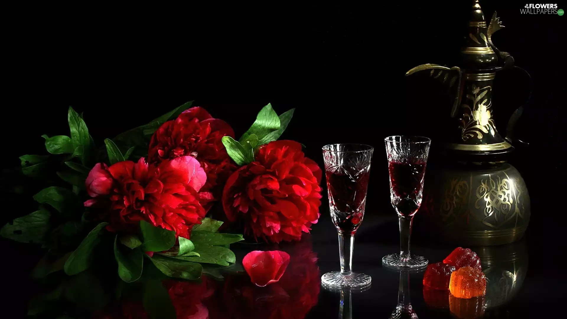 Wine, jug, Peonies, glasses, Red