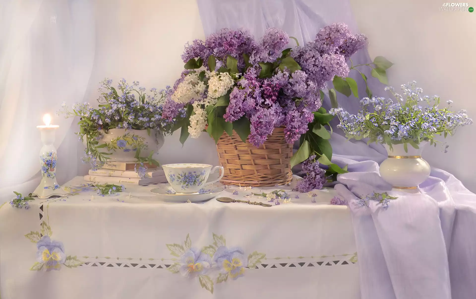 without, Flowers, Forget, bouquet, candlestick, composition, basket, cup, Vase