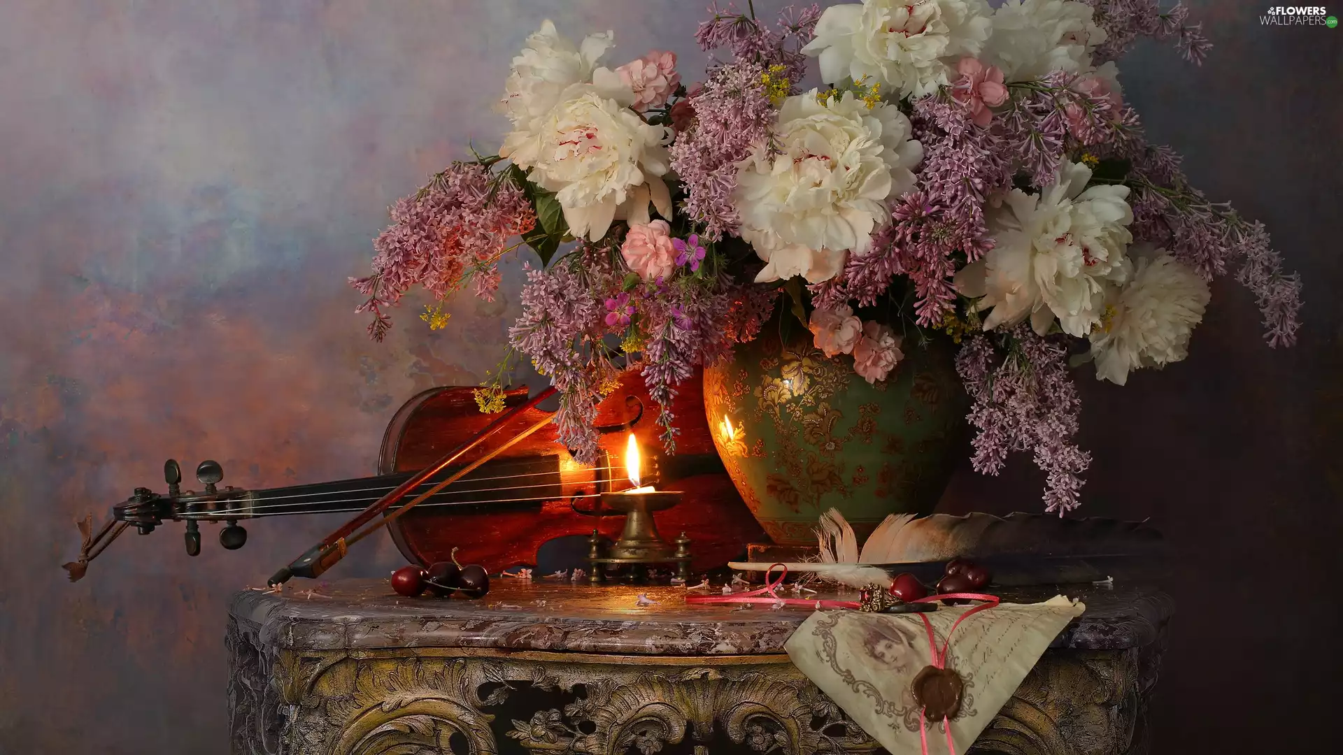 Vase, Peonies, candle, without, composition, violin, table