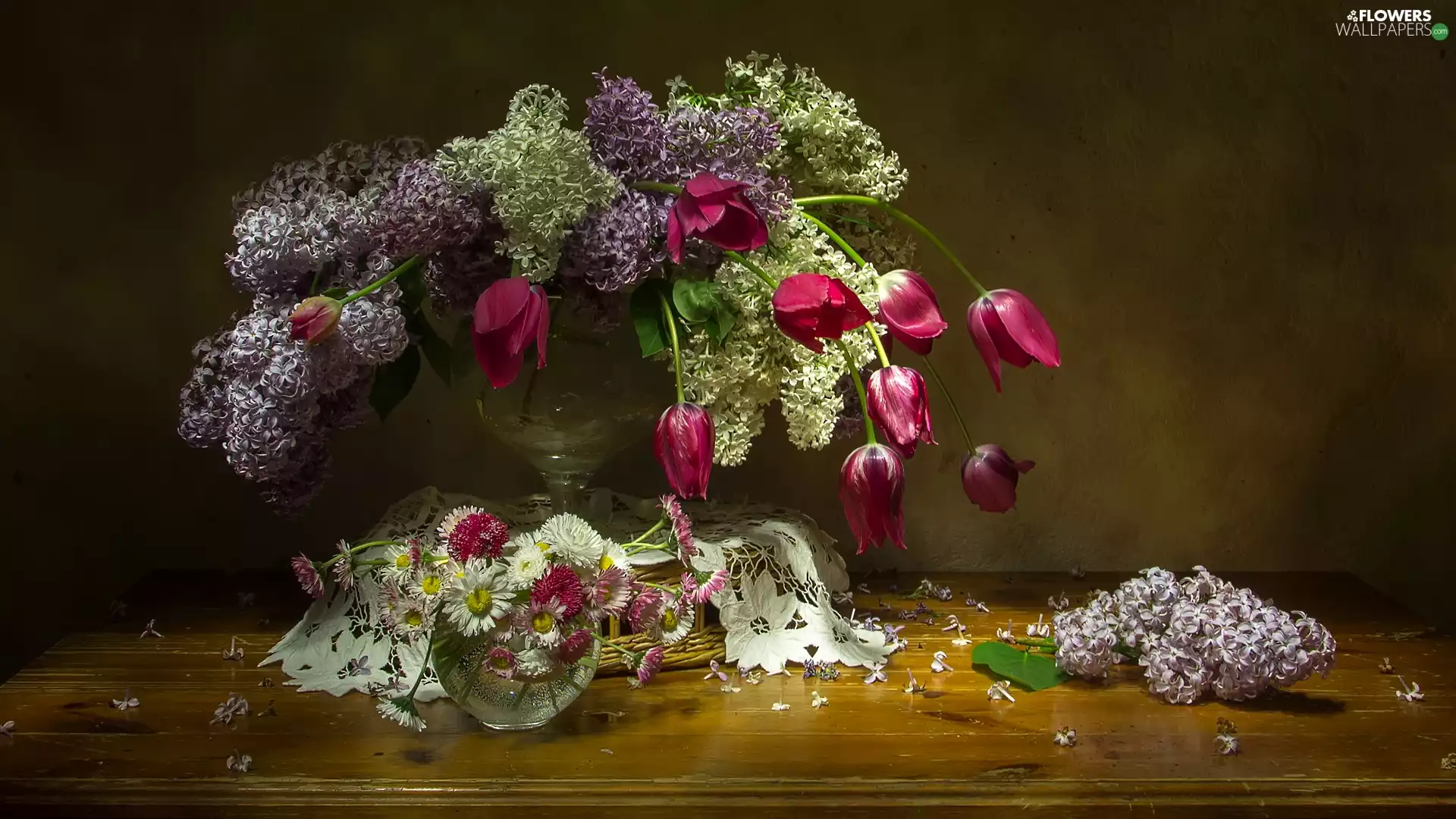 Tulips, bouquet, Vase, without, Flowers, daisies, Table