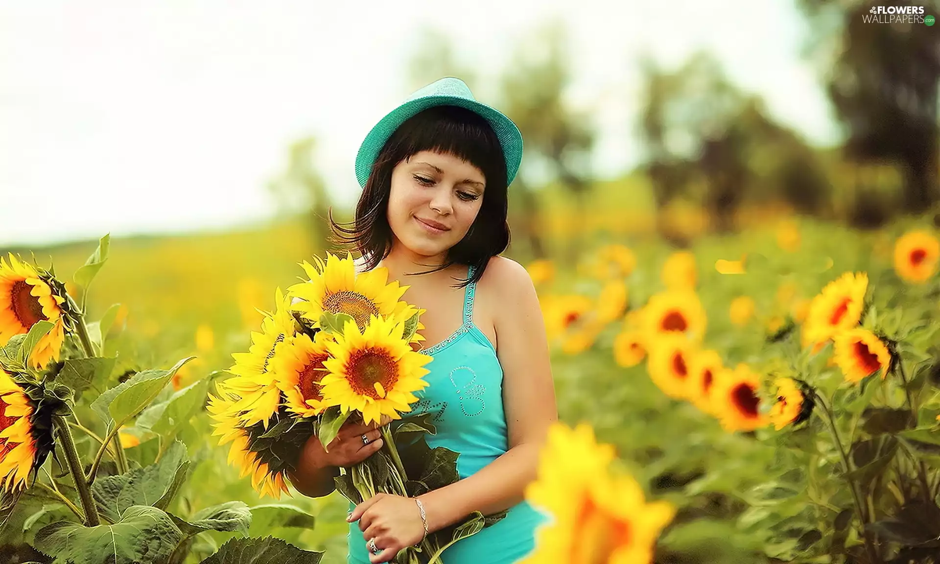 turquoise, very sensible, hat, Nice sunflowers, dress, Women