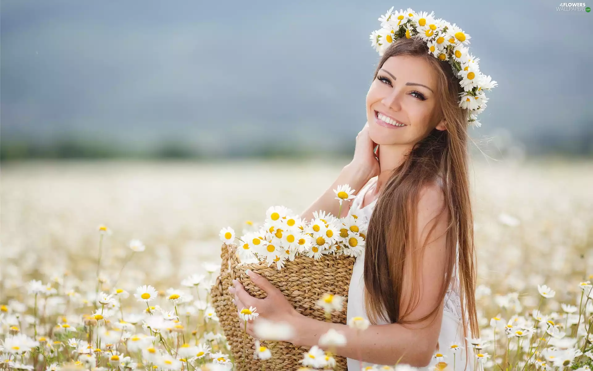 Meadow, girl, camomiles, make-up, smiling, basket, wreath