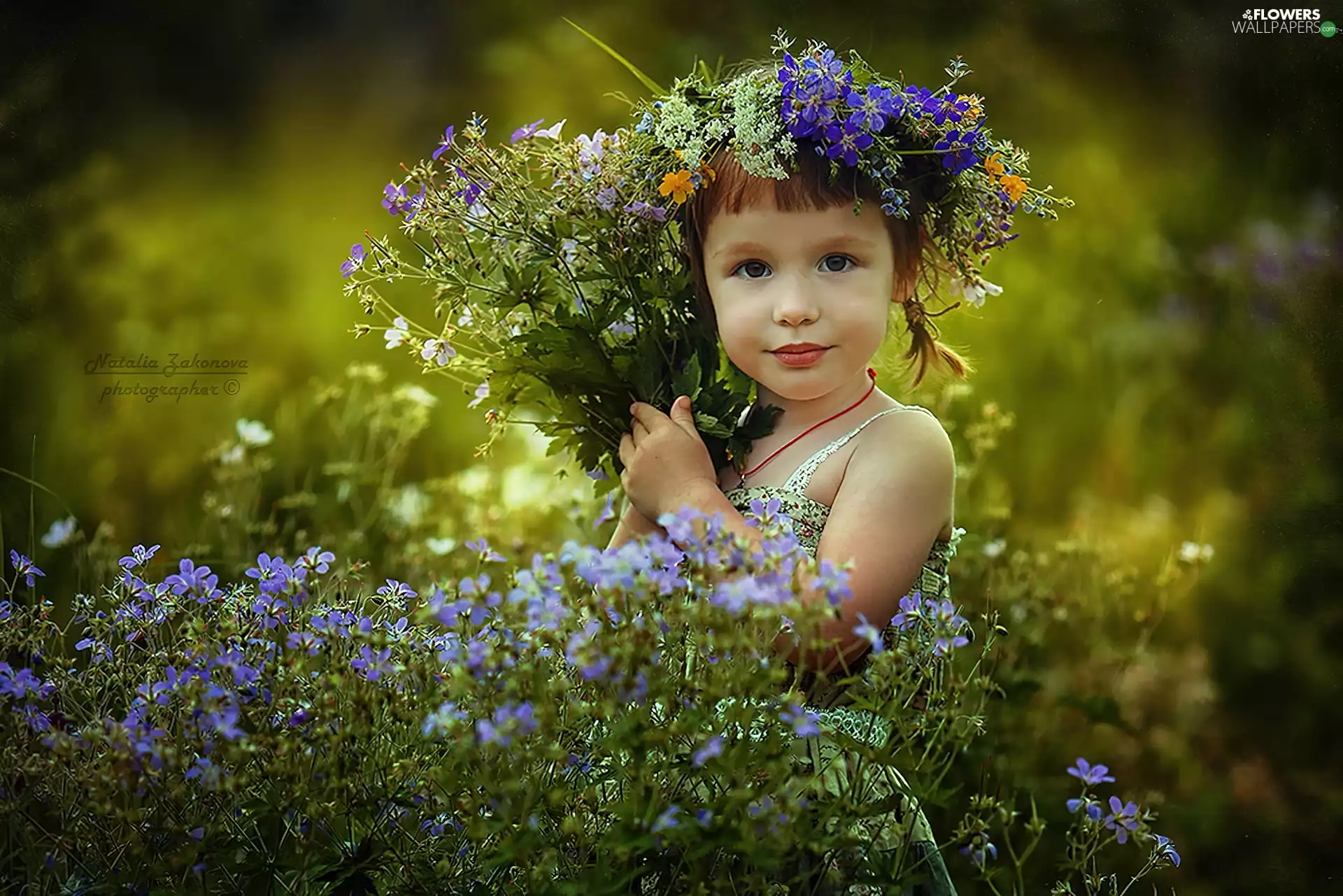 Meadow, Kid, bouquet, wreath, Flowers, girl