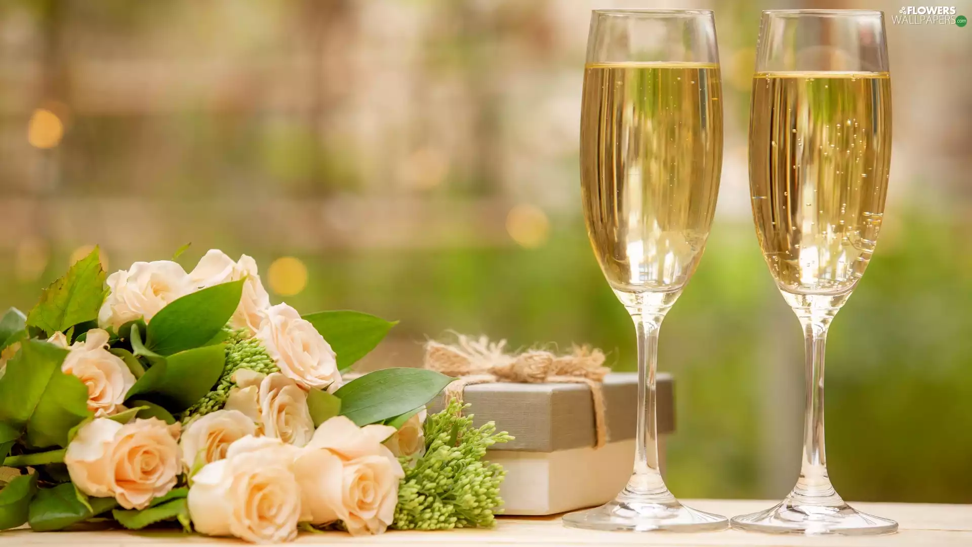 Champagne, Two cars, Yellow, Present, roses, glasses
