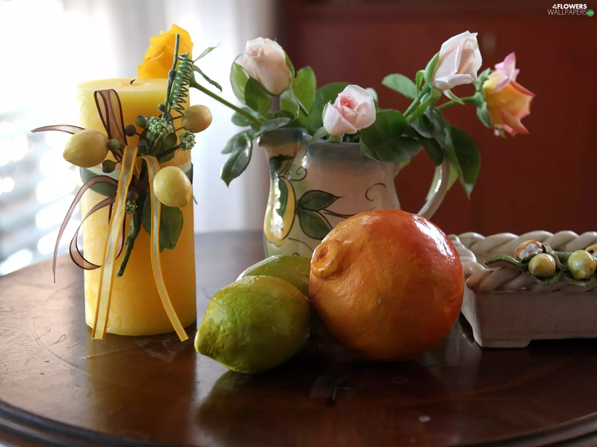 candle, Fruits, roses, Yellow Honda, composition