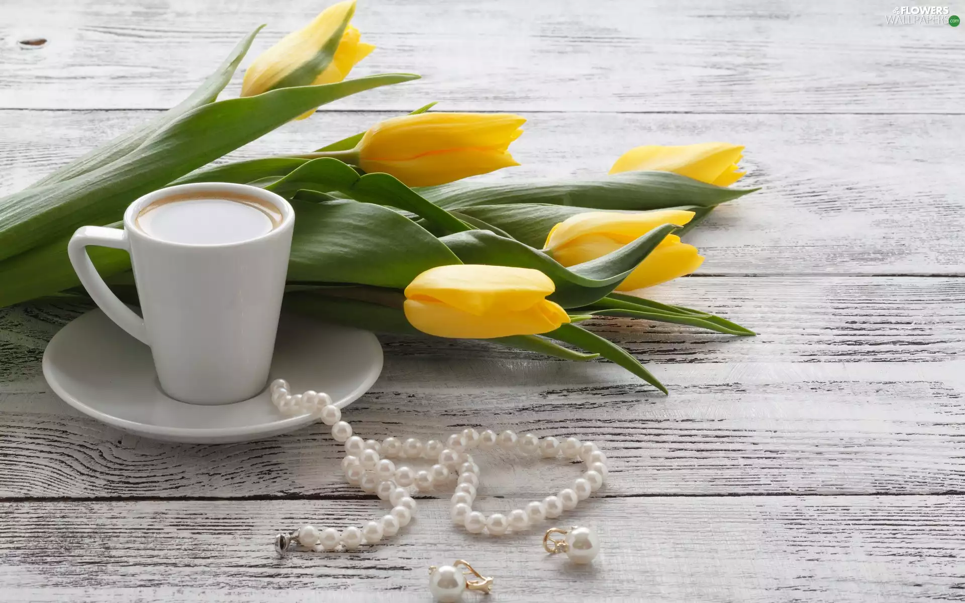 Yellow, bouquet, Tulips, cup, chaplet, ear-ring, jewellery, Pearl, coffee