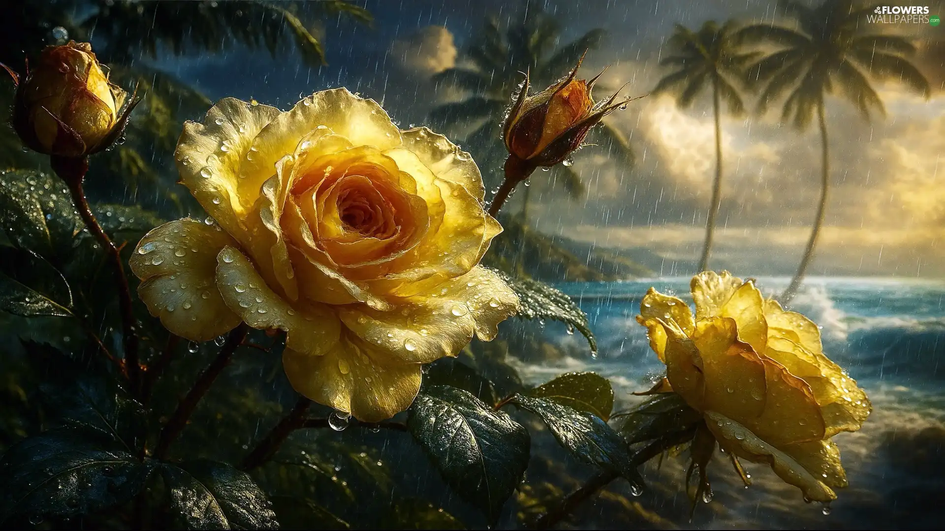 Yellow, Flowers, roses, Buds, rose, Rain drops, clouds, sea, Palms