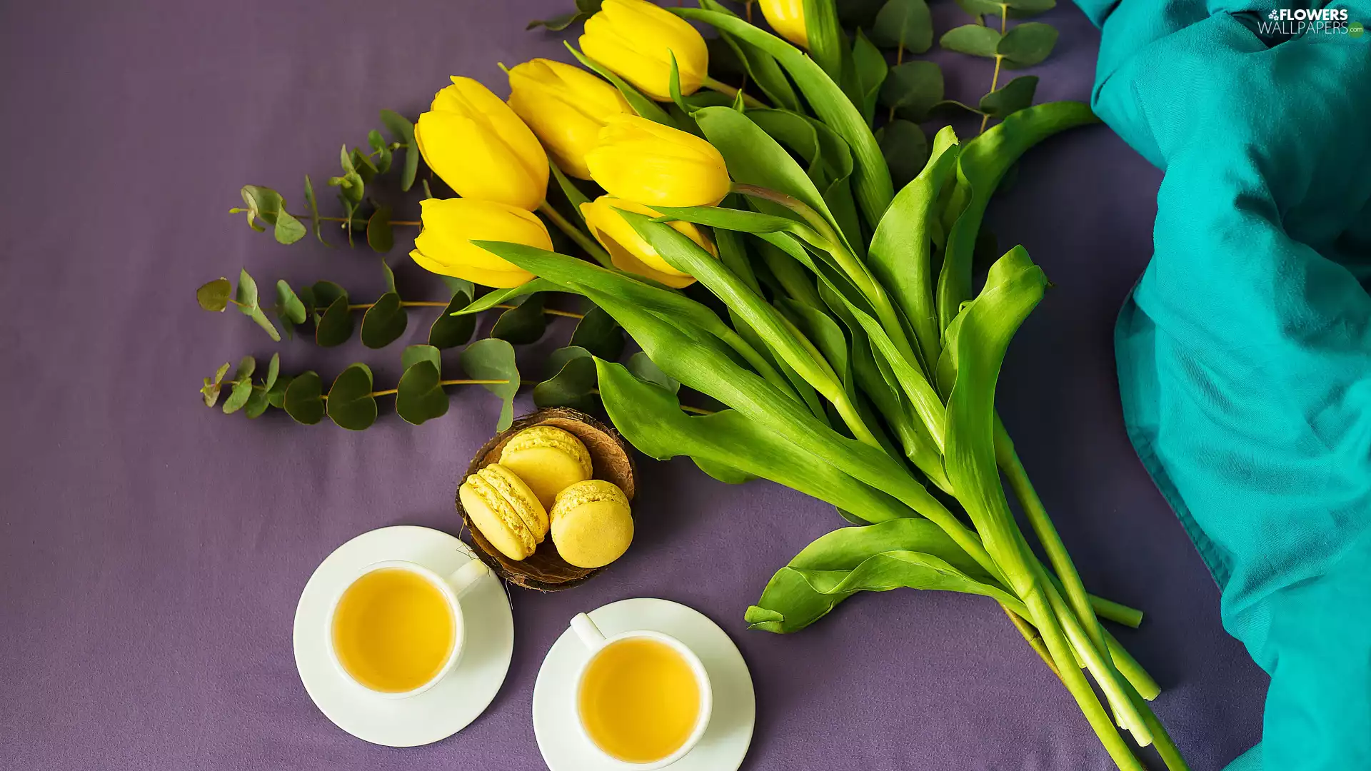 Yellow, Flowers, Tulips, Cookies, Green, stuff, tea, cups, Macaroons