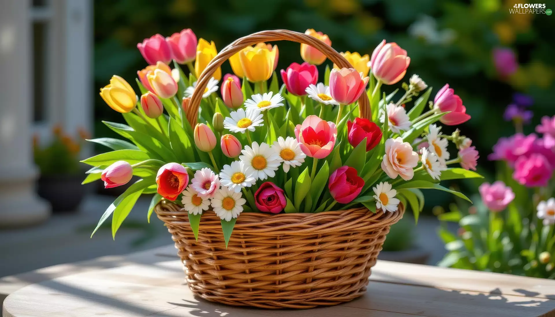 Pink, Tulips, wicker, Yellow, daisies, bouquet, basket