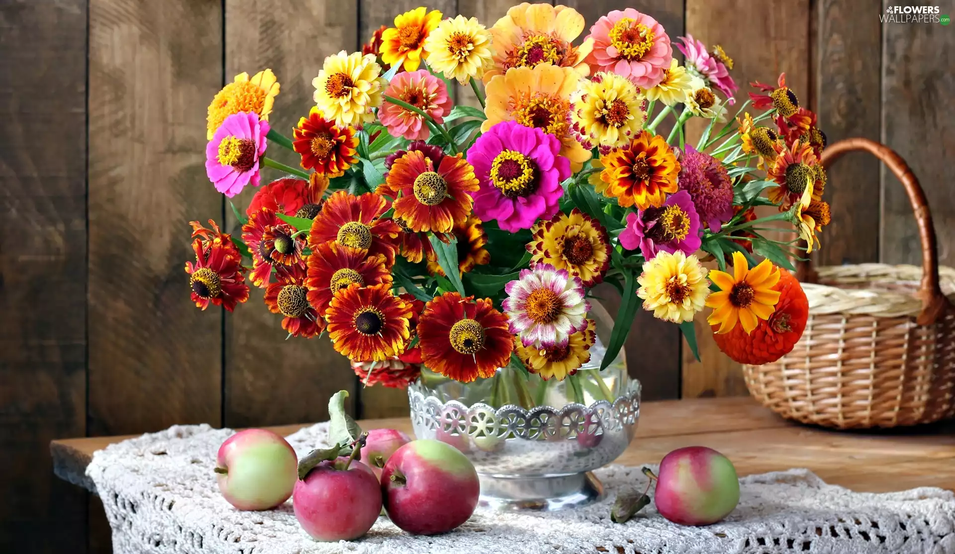 bouquet, Helenium, apples, Zinnias, Flowers, basket, composition