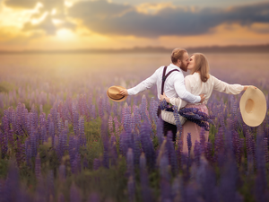 Women, kiss, lupine, a man, Meadow