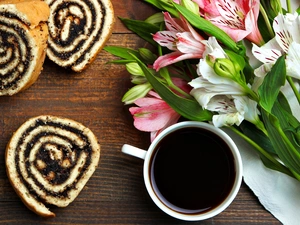 cake, coffee, Flowers, Alstroemeria, collar, cup