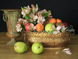Vases, still life, Alstroemeria, Fruits, Flowers, Brass