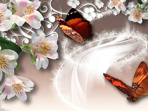 Art, Alstroemeria, light, butterflies, reflections