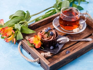 Flowers, Alstroemeria, tea, cake, tray