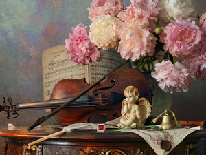 angel, Peonies, violin, Ring, Tunes, composition, Vase, table, flute, figure