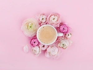 Flowers, coffee, Pink, background, glaucoma, cappuccino