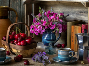cherries, composition, basket, cups, Books, jug, Flowers, Fragrant Peas, coffee