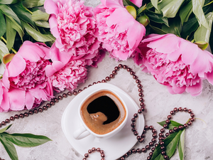 coffee, beads, Peonies, cup, Flowers