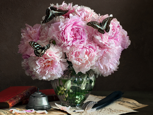 butterflies, glass, composition, Vase, Books, Peonies, Pink, bell