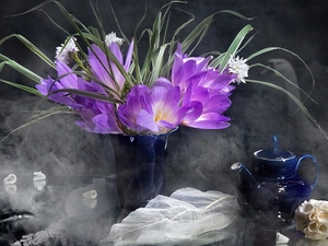 teapot, crocuses, blue