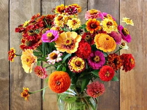 Flowers, bouquet, Helenium, boarding, Zinnias, color