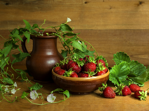 strawberries, pitcher, Leaf, Field Bindweed, earthen, bowl, boarding