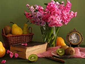 Books, Hyacinths, Fruits