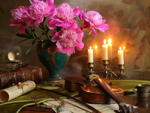 Candles, composition, Tunes, Books, violin, Peonies