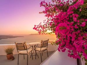 terrace, Greece, Flowers, Bougainvillea, Stool, santorini