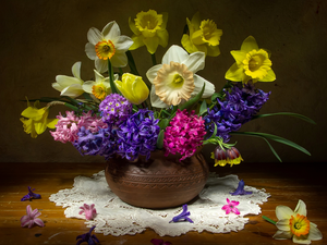 tulip, bouquet, Daffodils, Hyacinths, Vase